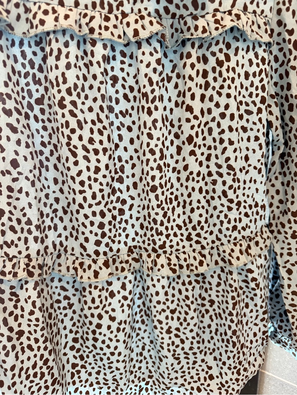 High-Neck Blue Leopard Print Ruffle Blouse - Picture 7 of 8